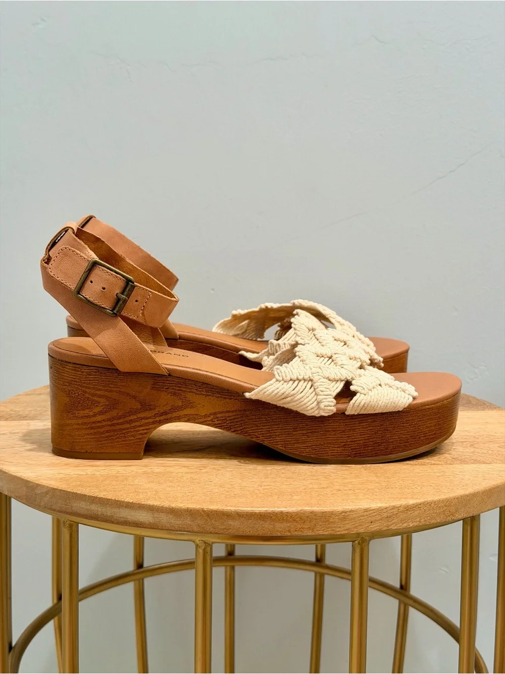 Lucky Brand Famika Woven Macrame Platform Heel Sandals Tan Cream Boho Size 10M